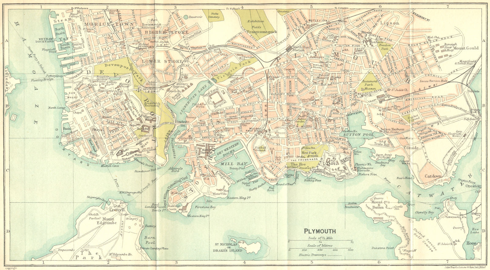 DEVON. Plymouth Town Plan 1924 old antique vintage map chart